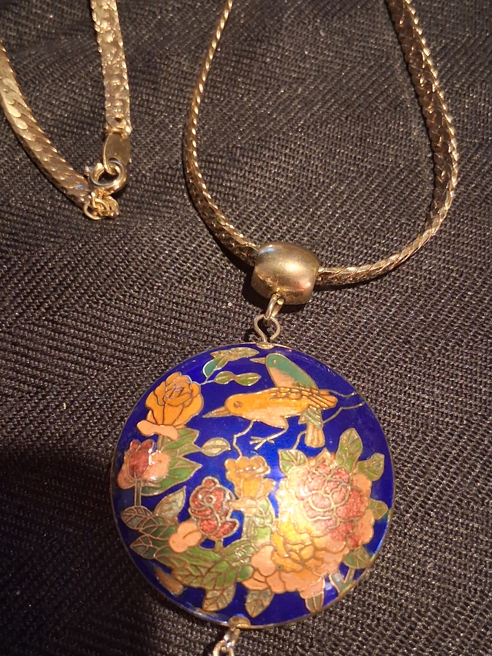 Trifari Gold-Tone Cloisonné Pendant Necklace with Blue, Yellow and Green